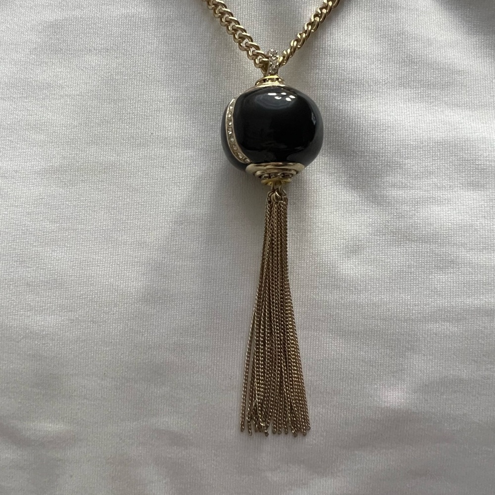 Long Goldtone Necklace with Black Round Pendant & Gold Tassel - Picture 3 of 4